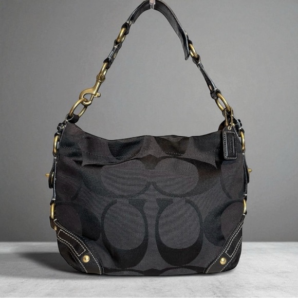 Coach Carly Purse Signature Jacquard Logo Slouchy Shoulder Bag Leather Fabric - Picture 1 of 9